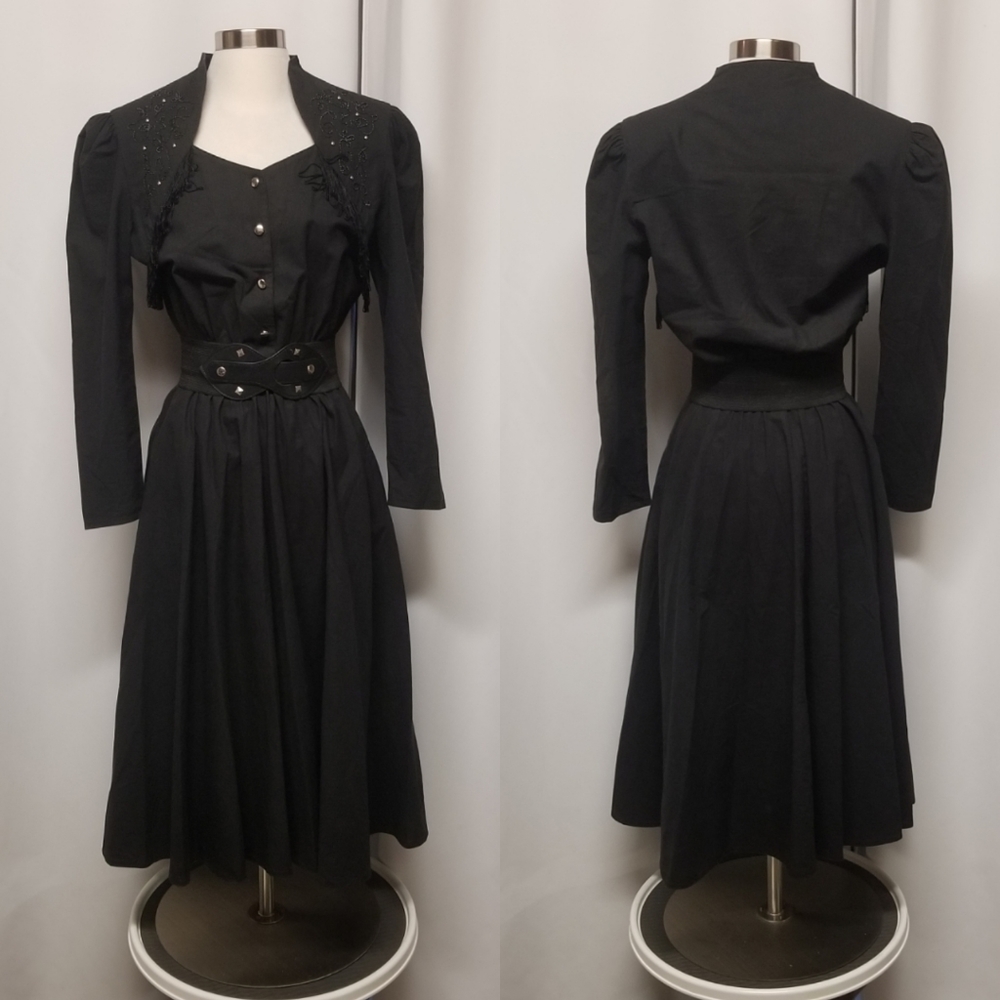 Vintage 80s Boho Western Rodeo Cowgirl Black Cotton Dancing Riding Midi Dress Sm